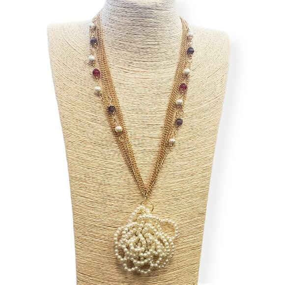 Handmade Chunky Pearl Flower Pendant Necklace on Vintage Gold Chain | Statement - Picture 1 of 3